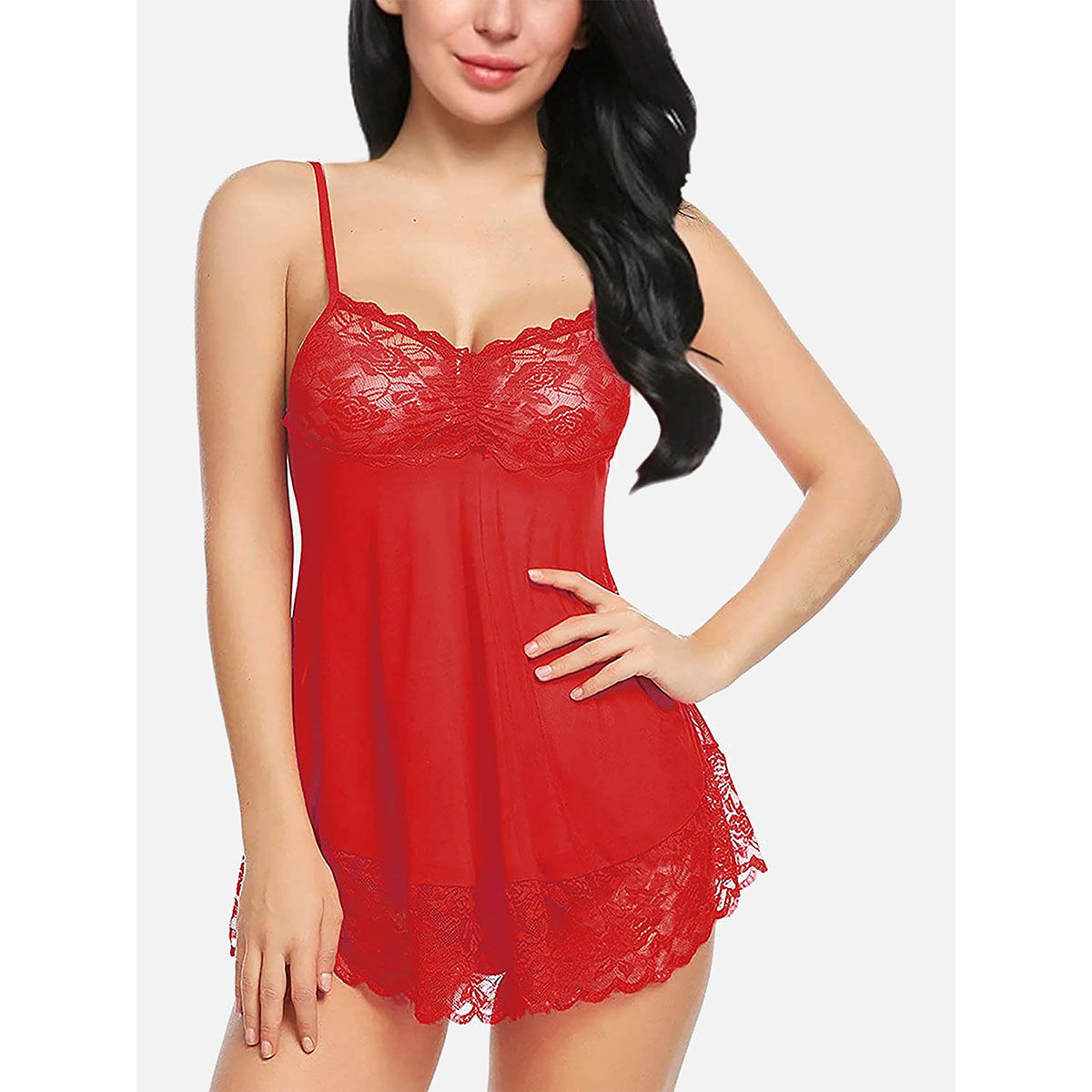 Buy FIMS Women Red Satin Net Babydoll Lingerie Nightwear with