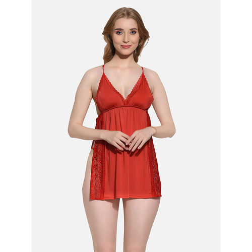Buy FIMS Women Red Satin Babydoll Lingerie Nightwear Dress with Thong (Set  of 2) online