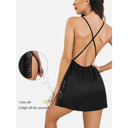 Buy FIMS Women Black Satin Babydoll Lingerie Nightwear Dress with