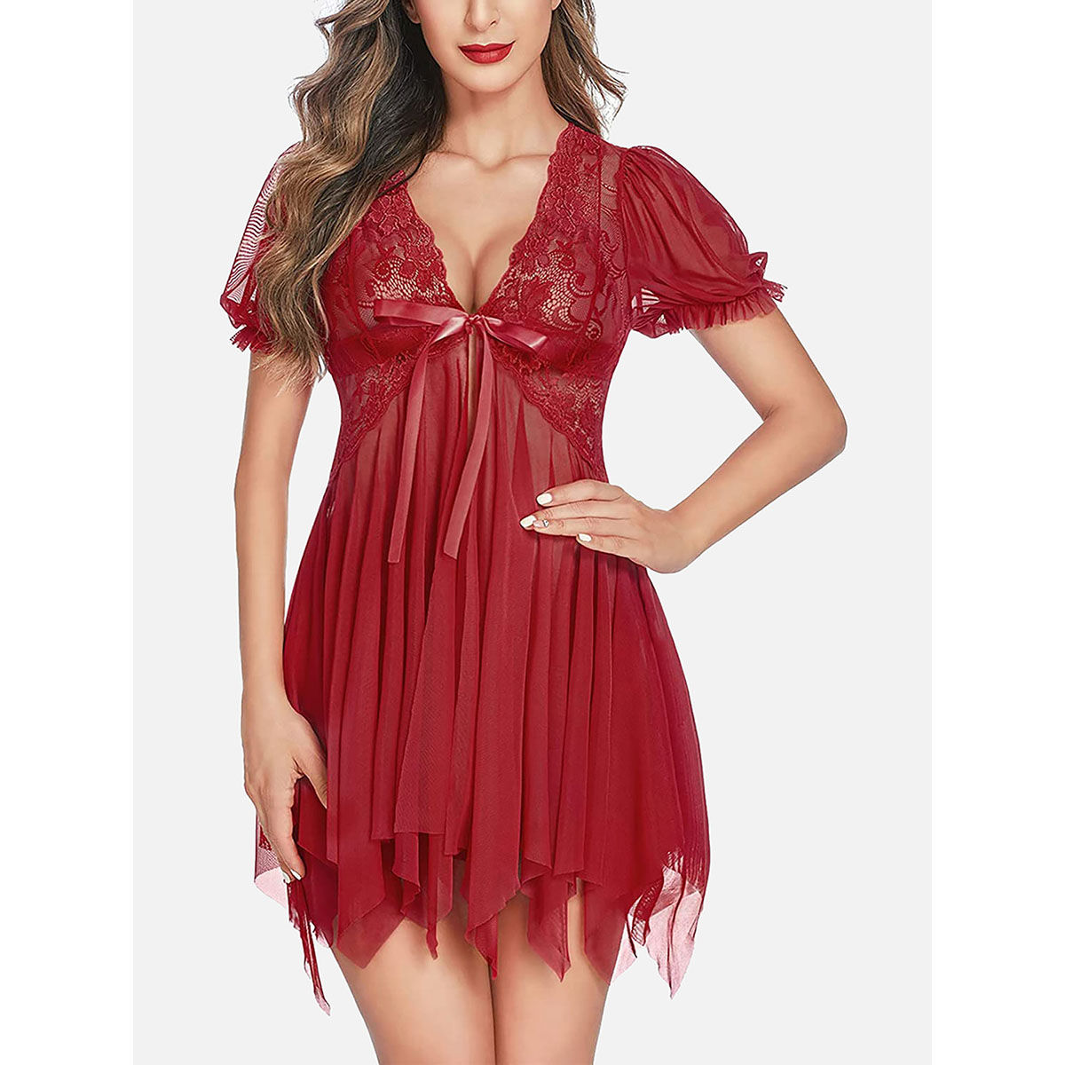 Buy FIMS Women Red Satin Babydoll Lingerie Nightwear Dress with Thong (Set  of 2) online