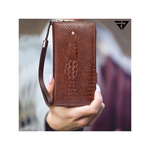 FUR JADEN Tan Crocodile Textured Leather Long Wallet with Zip Pocket, Card  Holders and Phone Pocket
