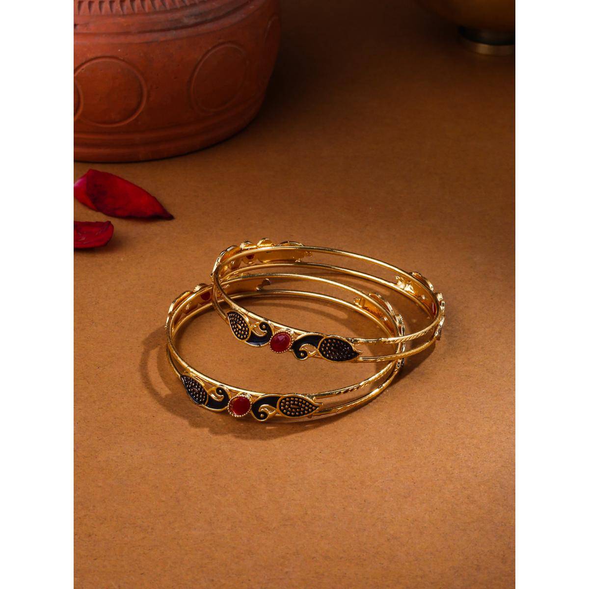 NVR Women Set of 2 Gold-Plated Traditional Daily use Peacock Design Bangles (2.4)