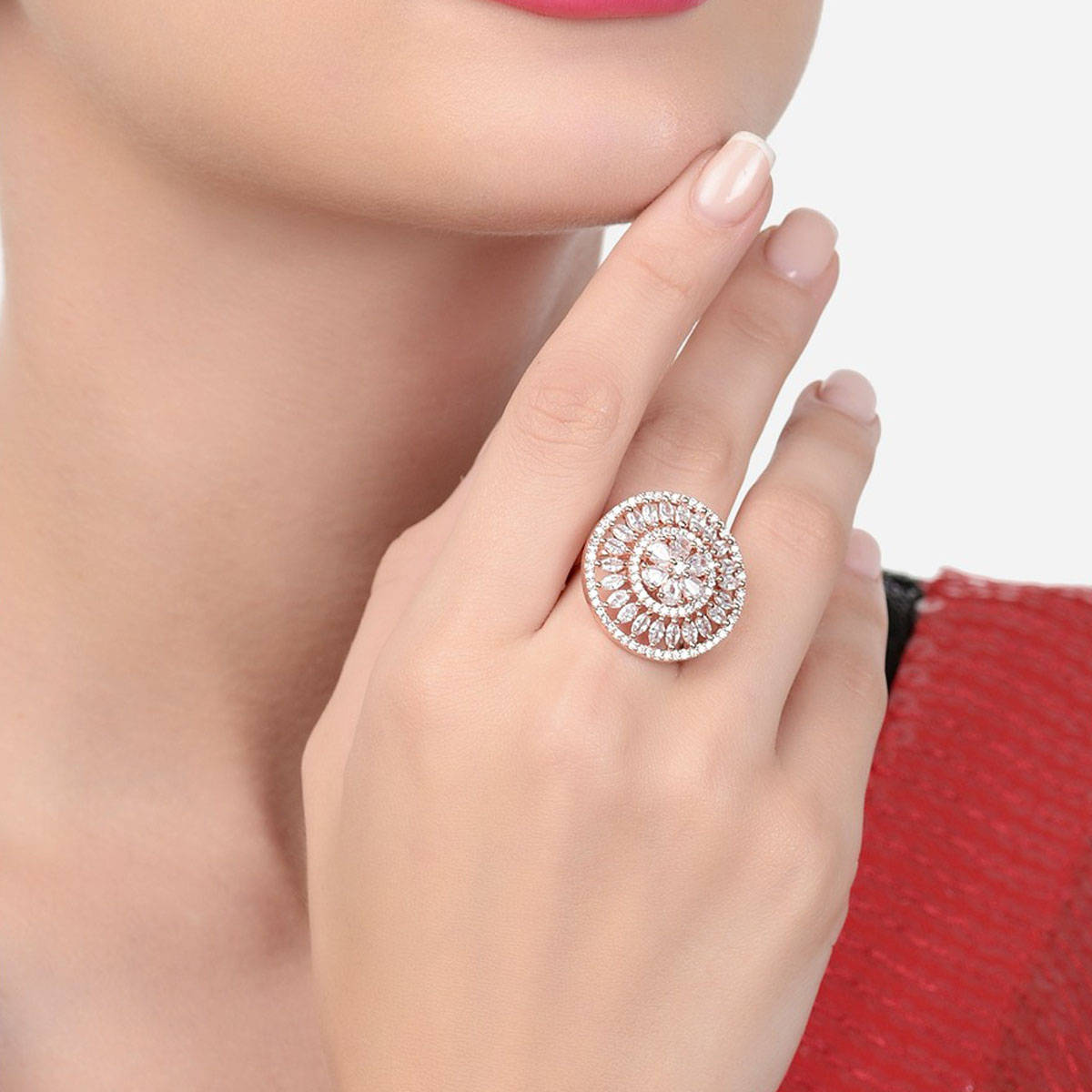 Zaveri Pearls Rose Gold CZ Party Bling Brass Adjustable Finger Ring-ZPFK16098