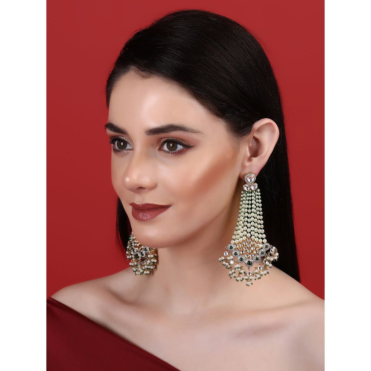 Buy Auraa Trends 22KT Gold Plated Kundan Traditional Green Earring For Women Online