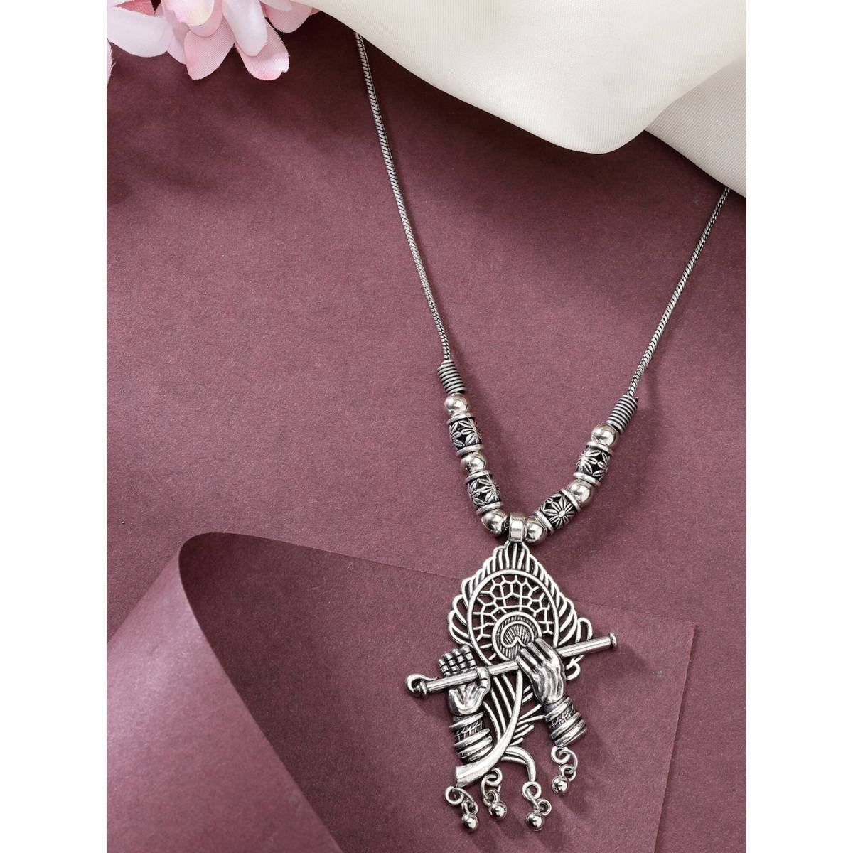 NVR Women Silver Toned German Silver Oxidised Pendant Necklace
