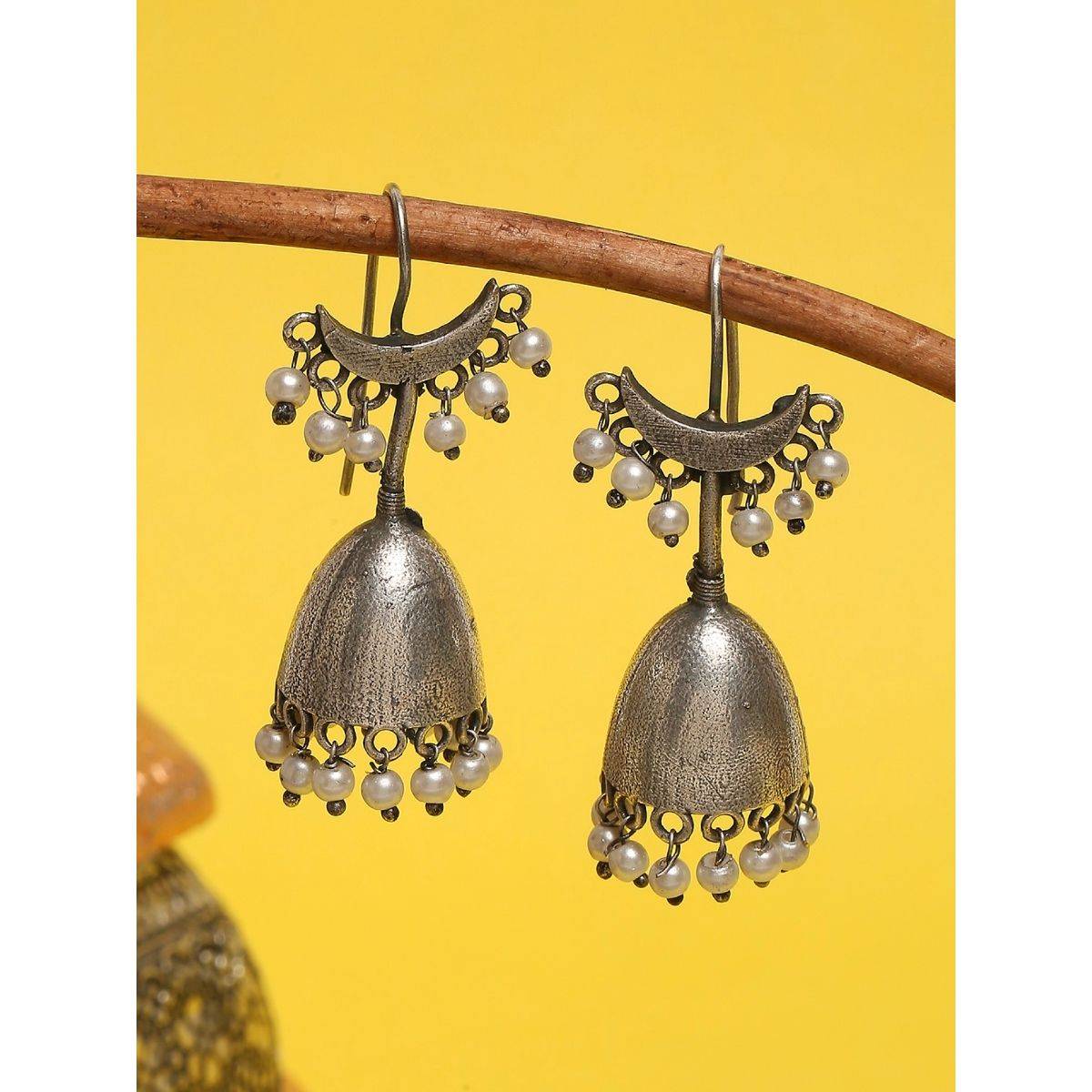 OOMPH Oxidised Silver Look Alike Contemporary Ethnic Jhumka Earrings