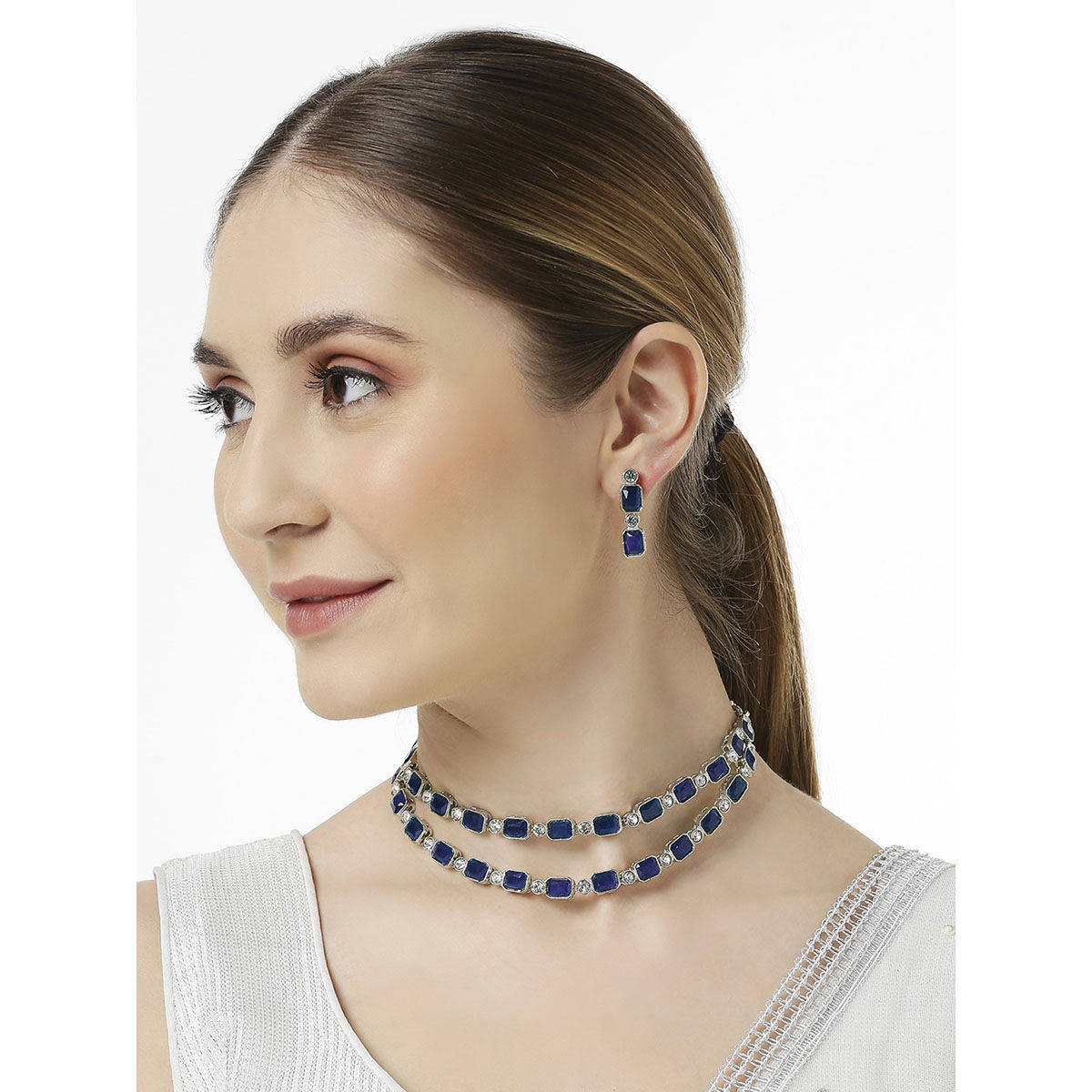 OOMPH Blue Crystal Multi Layer Choker Necklace Set Look Stylish Latest