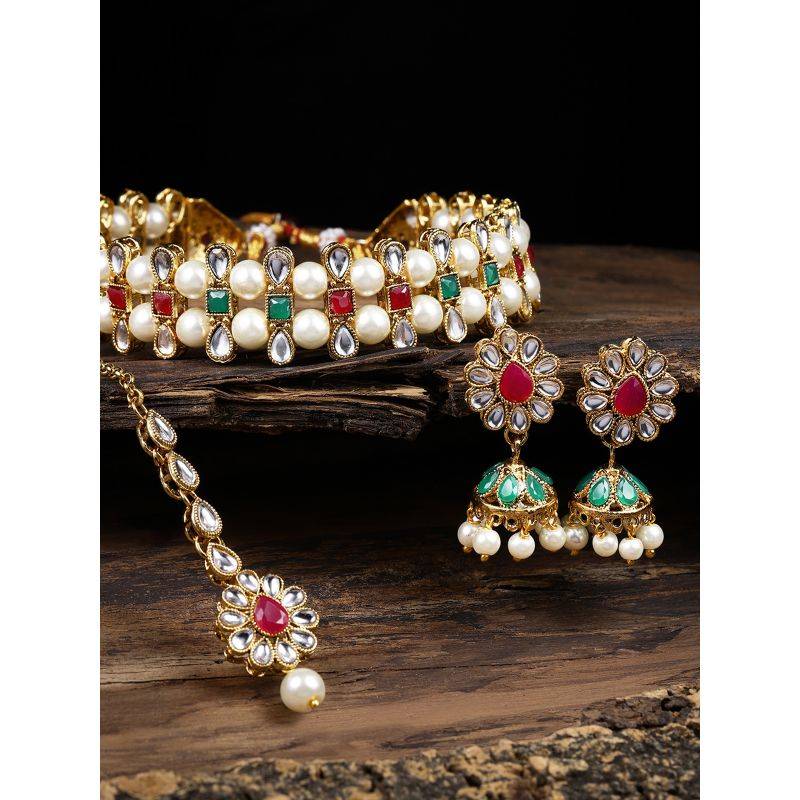 Zaveri Pearls Red Green Stones & Pearls Choker Necklace, Earring & Maangtikka Set - ZPFK8596