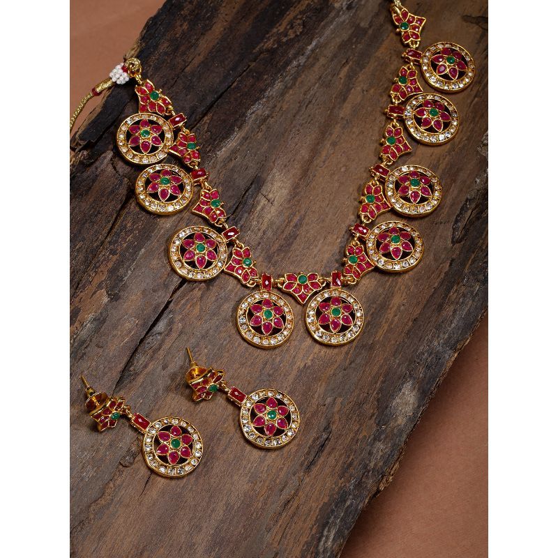 Zaveri Pearls Red \u0026 Green Stones Floral 