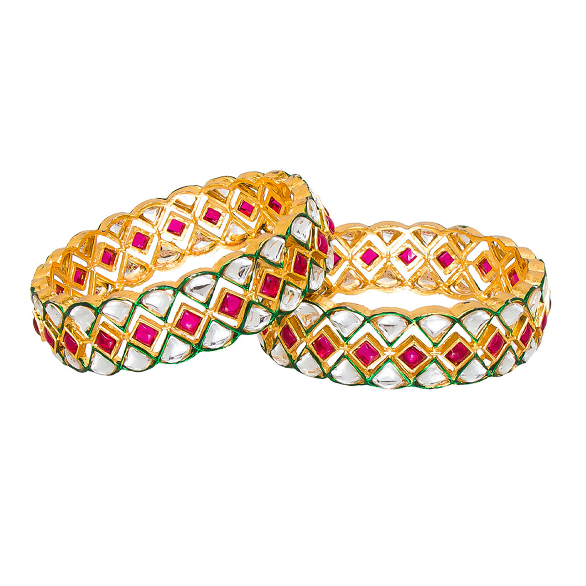 Azai by Nykaa Fashion Embellished Pink & Gold Bangles with Kundan