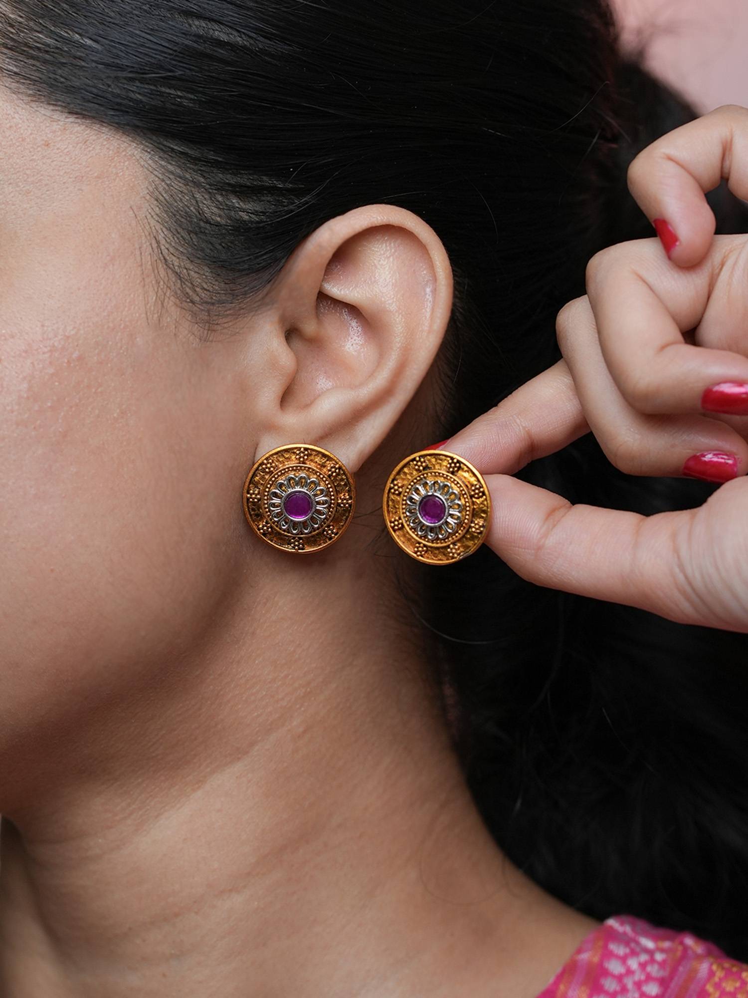 BeAbhika Antique Gold Round Studs with Purple Centre Stone