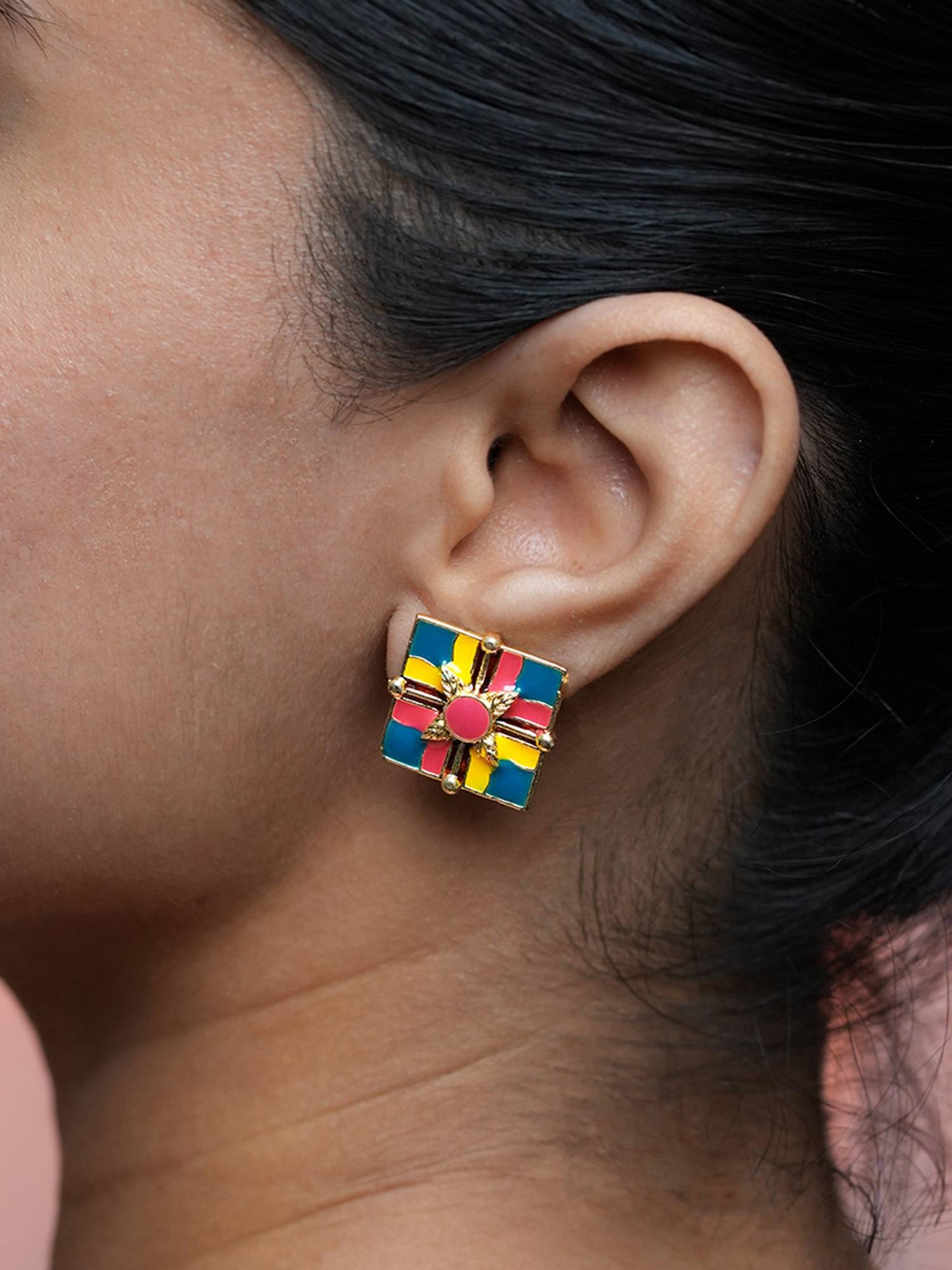 BeAbhika Handcrafted Colour-Block Square Studs with Leaf Motif Centre