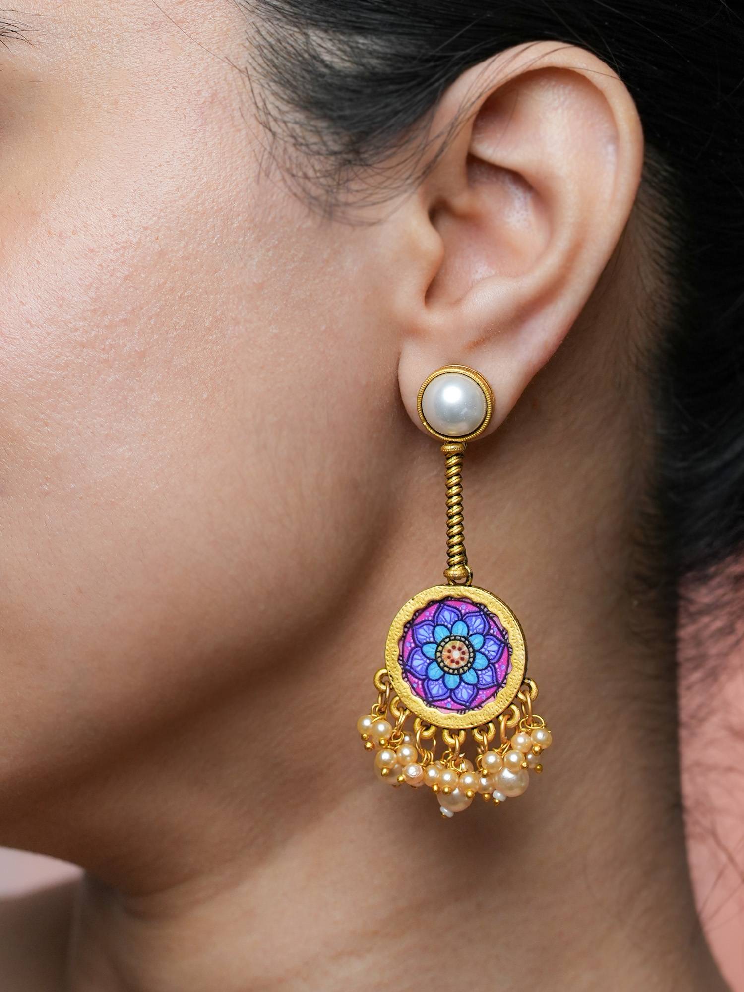 BeAbhika Gold-Toned Mandala Earrings with Pearl Stud and Clustered Pearl Fringe