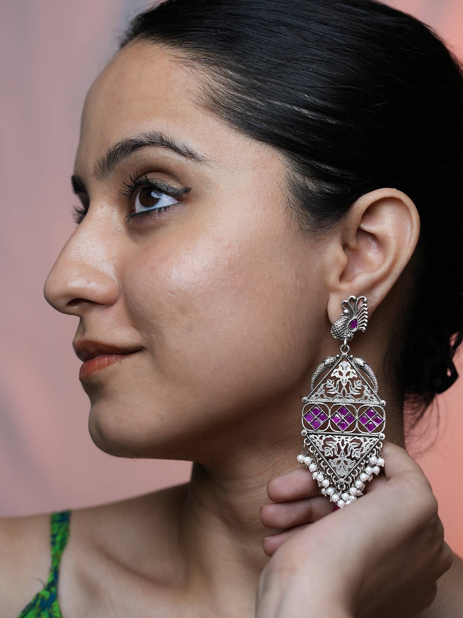 BeAbhika Antique Silver Peacock Drop Earrings with Purple Stone and Pearl Cluster