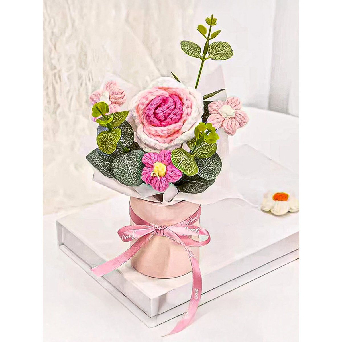 Buy Ekhasa Pink with White Crochet Flowers Bouquet with Potted