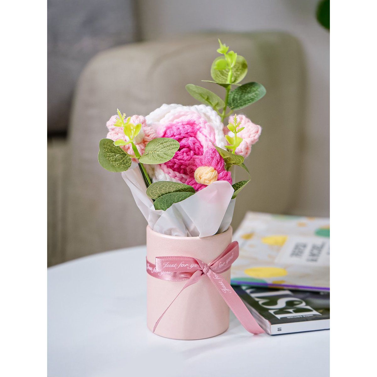 Buy Ekhasa Pink with White Crochet Flowers Bouquet with Potted