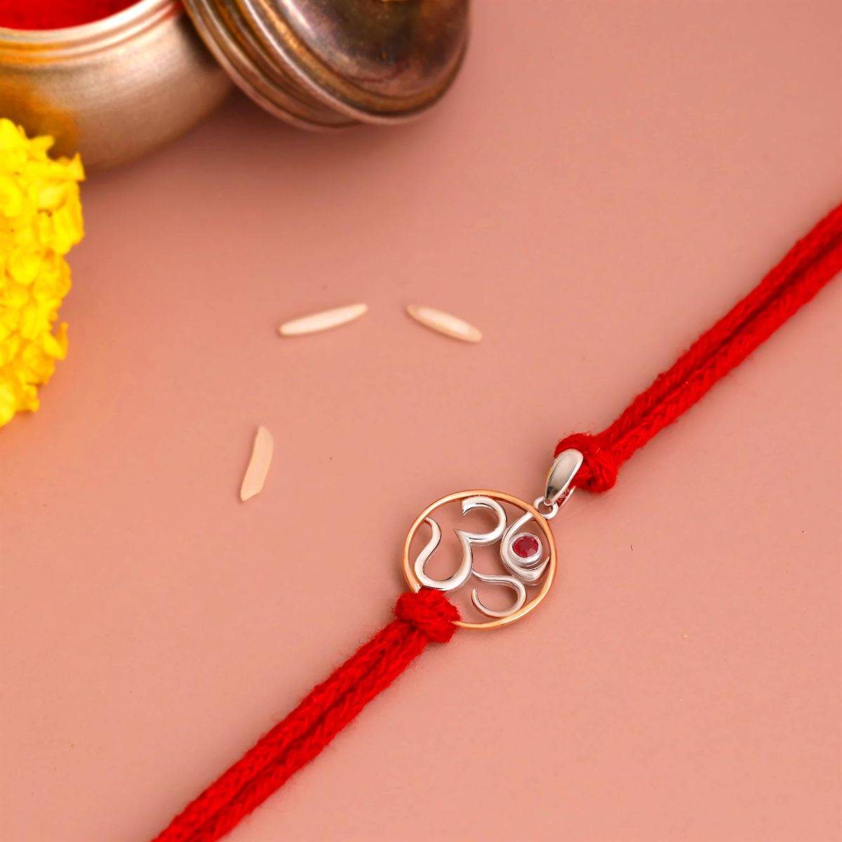 KuberBox Om Ruby 925 Sterling Silver Rakhi Cum Pendant
