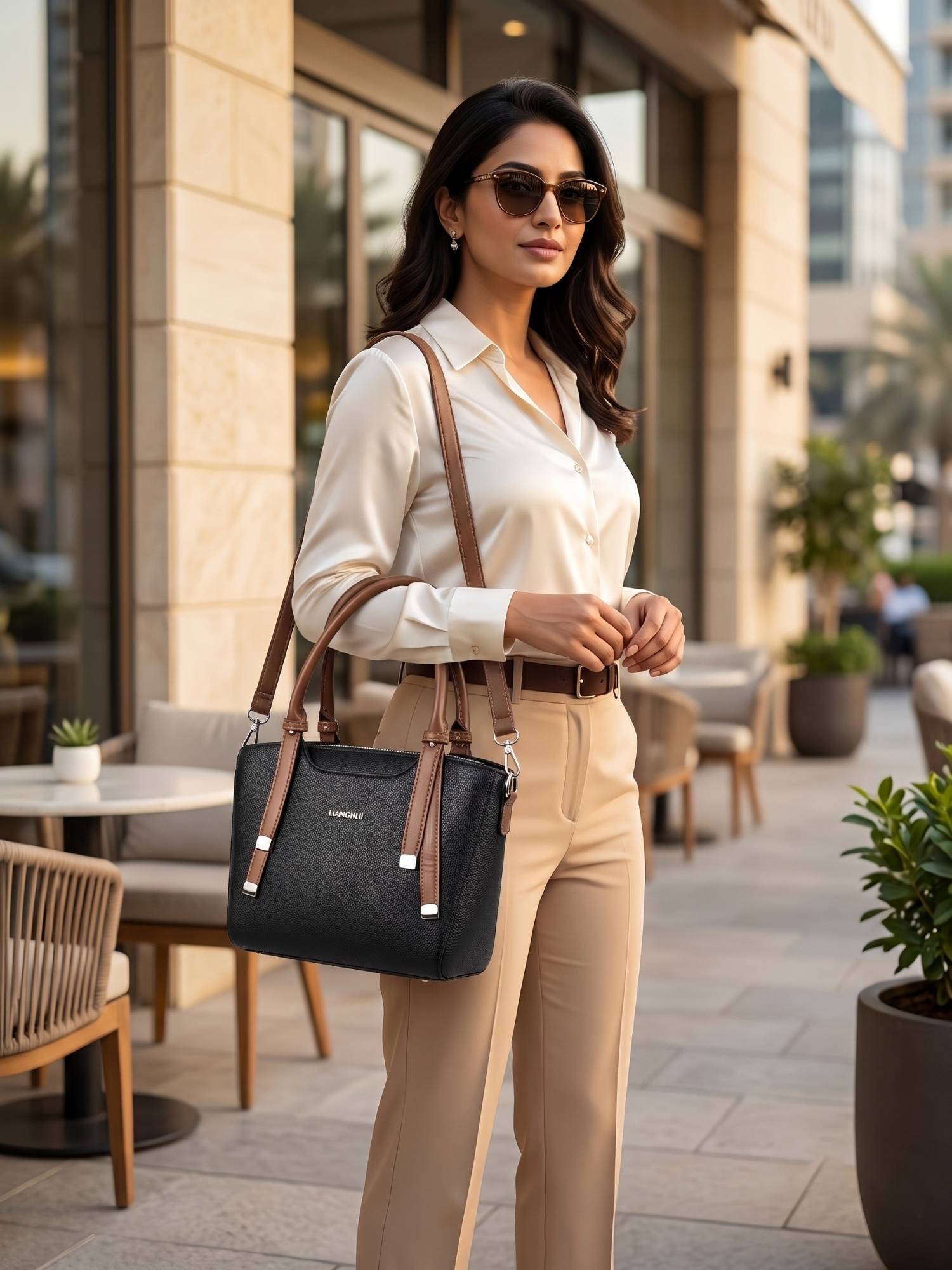YELONA Women Black And Brown Textured Handheld Bag With Detachable Shoulder Strap