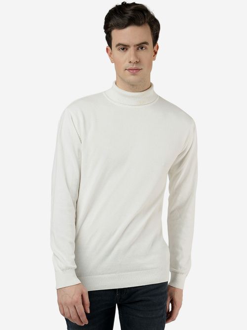 JadeBlue Mens Solid White Slim Fit Full Sleeve High Neck Winter Sweater