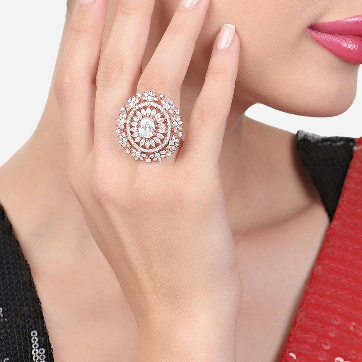 Zaveri Pearls Rose Gold Cubic Zirconia Party Bling Statement Brass Ring-ZPFK15427