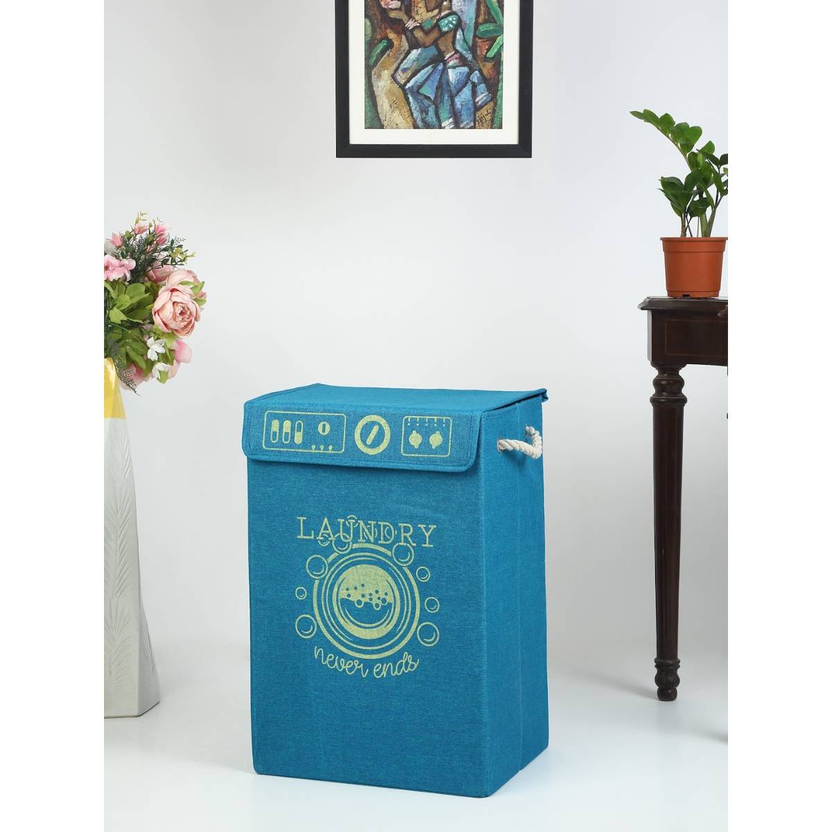 HOSTA HOMES Jute Cotton Printed Foldable Laundry Bag