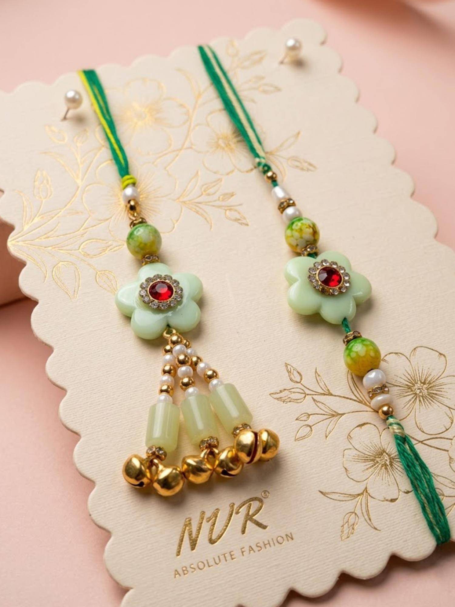 NVR Flower Shape Artificial Stones & Beads Bhaiya Bhabhi Rakhi