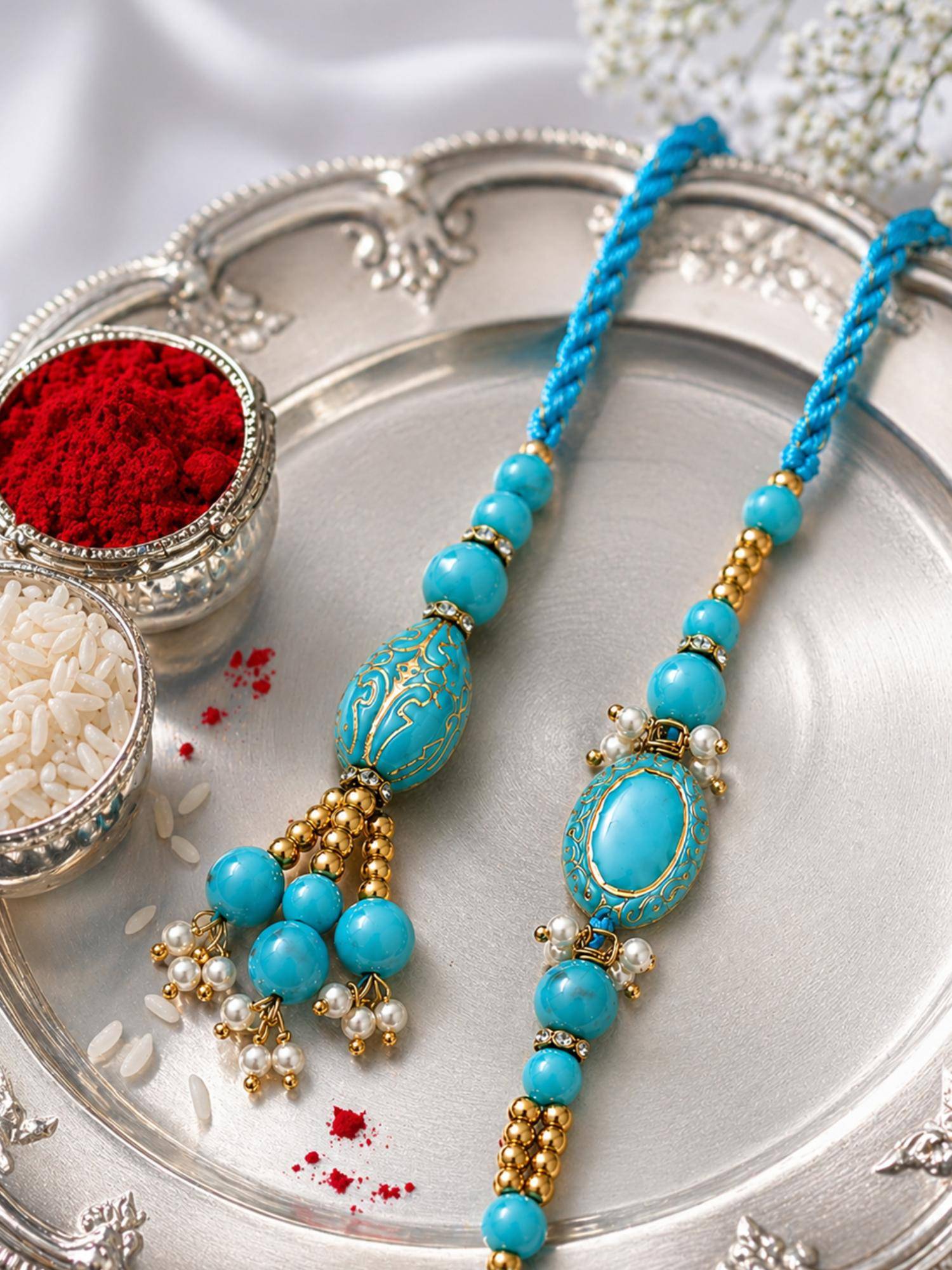 NVR Chandan Turquoise Blue Artificial Beads Bhaiya Bhabhi Rakhis