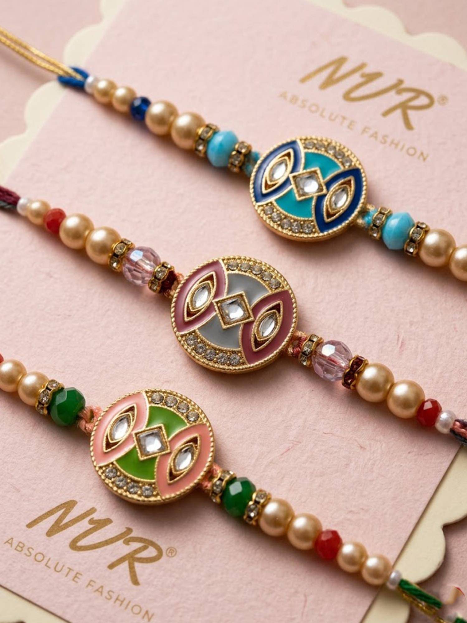 NVR Chandan Multi-Color Artificial Stones & Beads Thread Rakhis (Pack of 3)