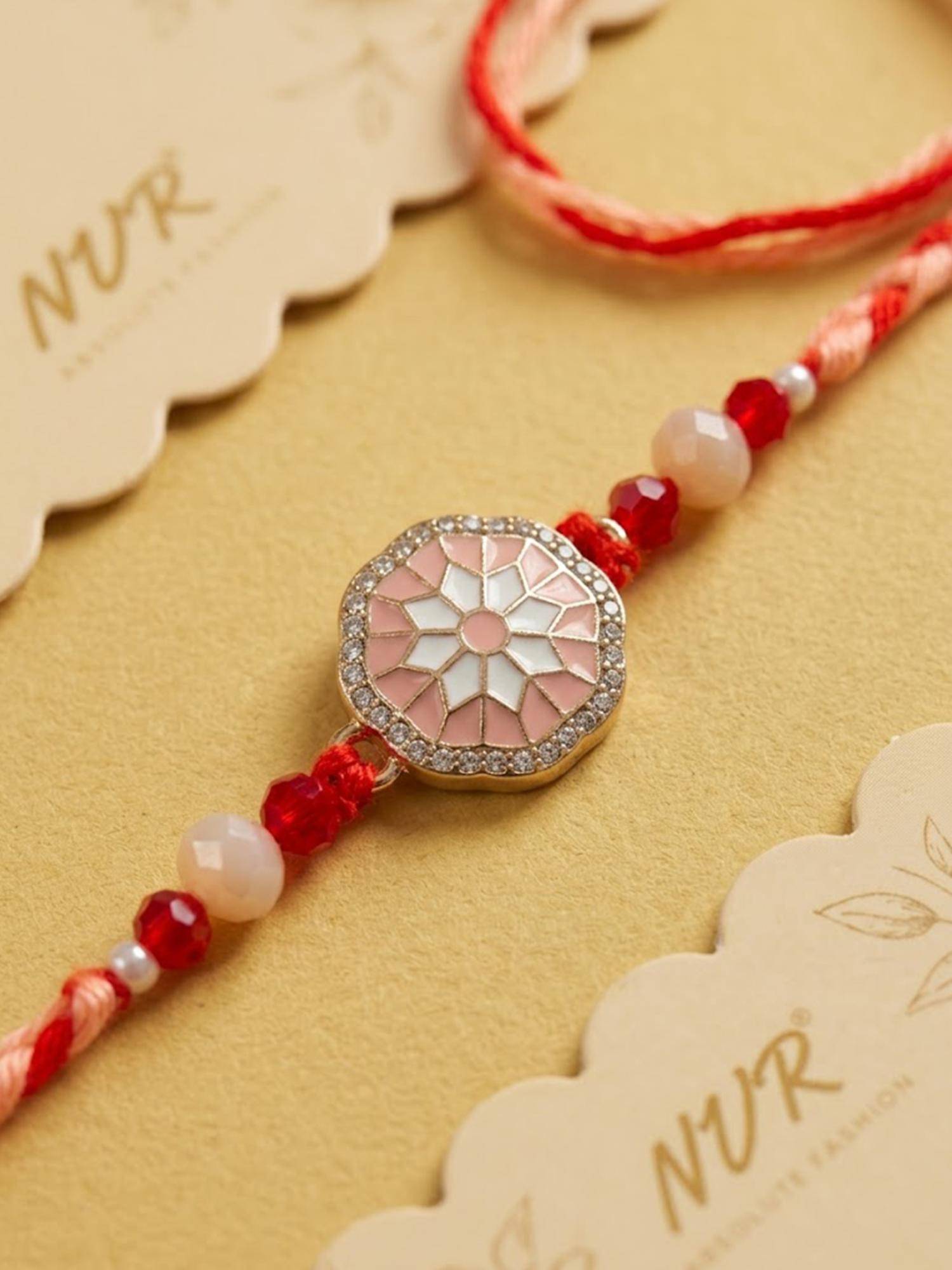 NVR Floral Design Multi-Color Artificial Stones & Beads Thread Rakhi