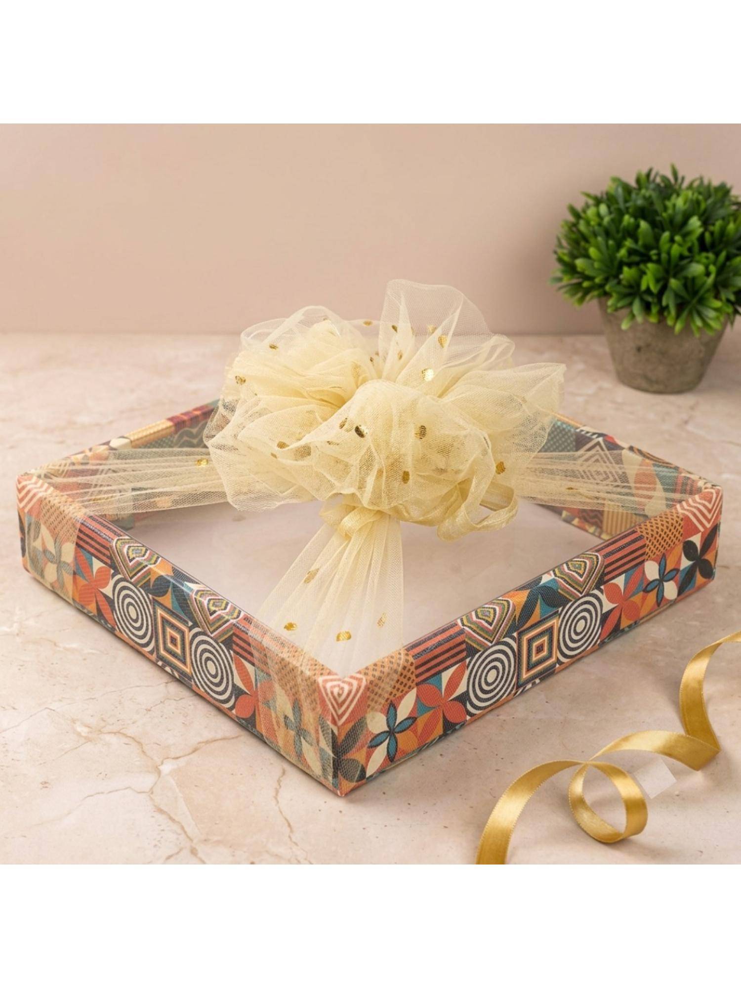 Awestuffs Decorative Folding Gift Boxes with Net and Tie Ribbon (Pack of 2)