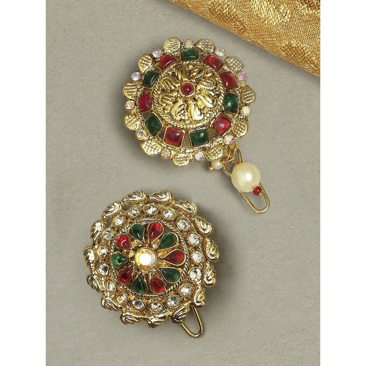 OOMPH Combo of 2 Red Maroon and Green Stones Ethnic Hair Bun Pin Juda Pin