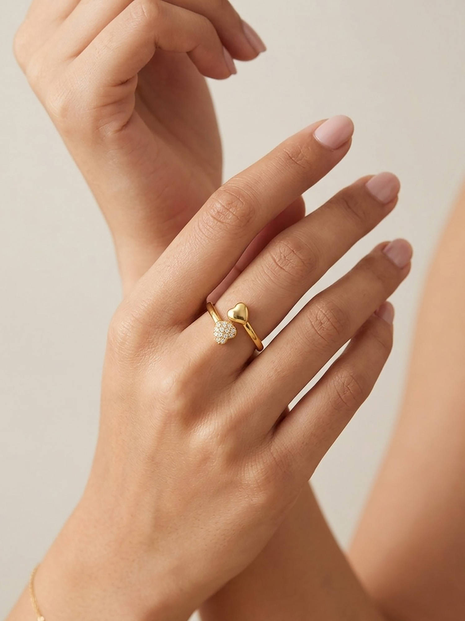RACHIVA 18K Gold Plated Dual Heart Open Ring with Cz Pave