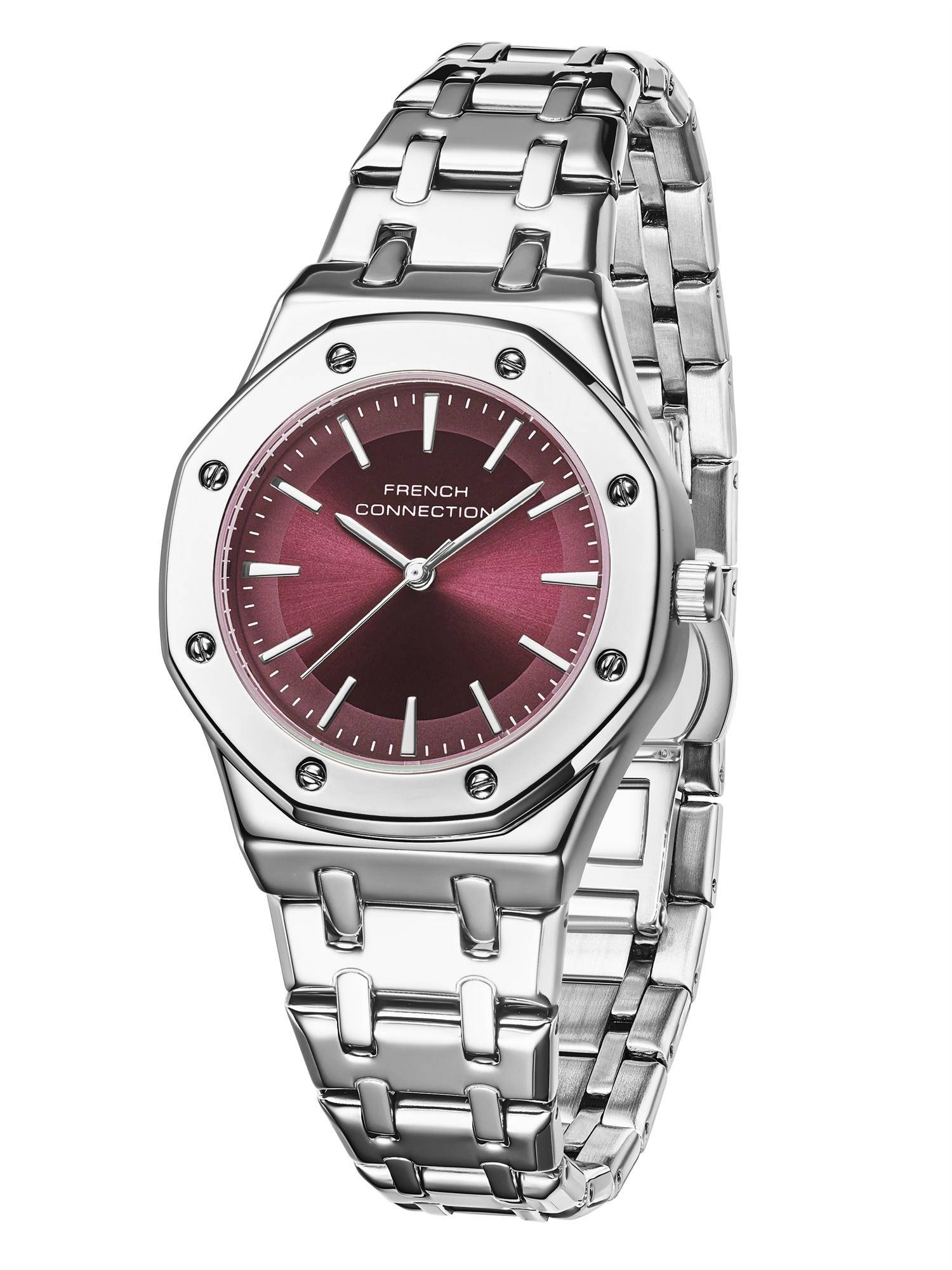 French Connection Womens Octa Edge Maroon Round Dial 3 Hands Watch - FCB25SM (M)