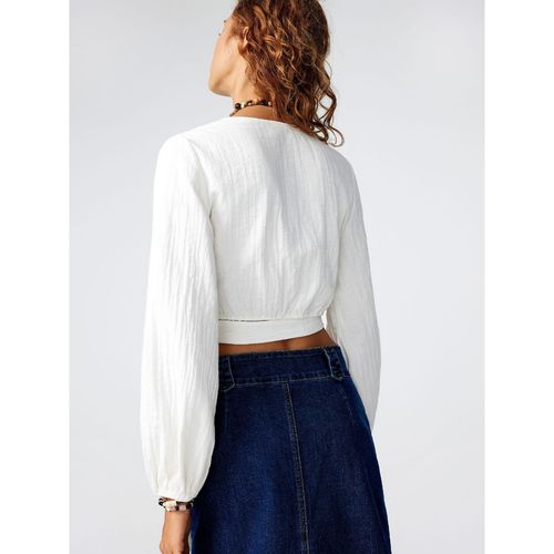 Buy Cider V Neck Solid Ruffle Long Sleeve Blouse Online