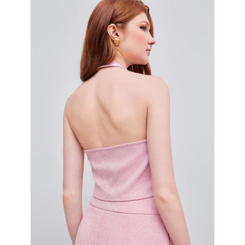 Buy Cider Pink Woven Halter Pearl Button Crop Waist Coat Online