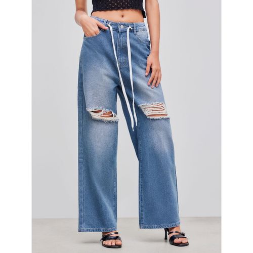 Buy Cider Denim Mid Rise Knotted Ripped Wide Leg Jeans Online