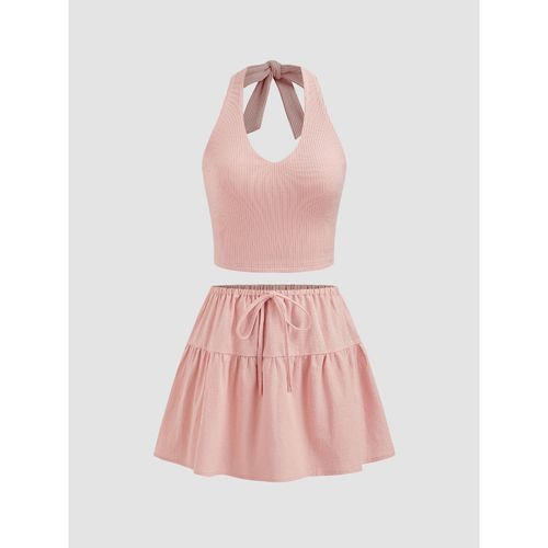 Cider Cotton-Blend Halter Solid Knotted Crop Top Mid Rise Ruffle Mini  Skirt (Set of 2) (M)