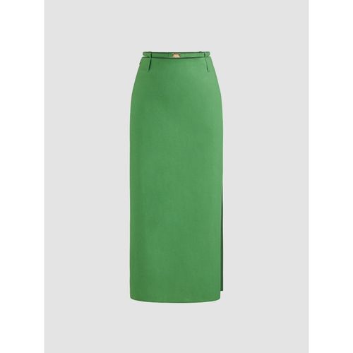 Cider Green Linen Blend Mid Rise Solid Belted Split Maxi Skirt (S)