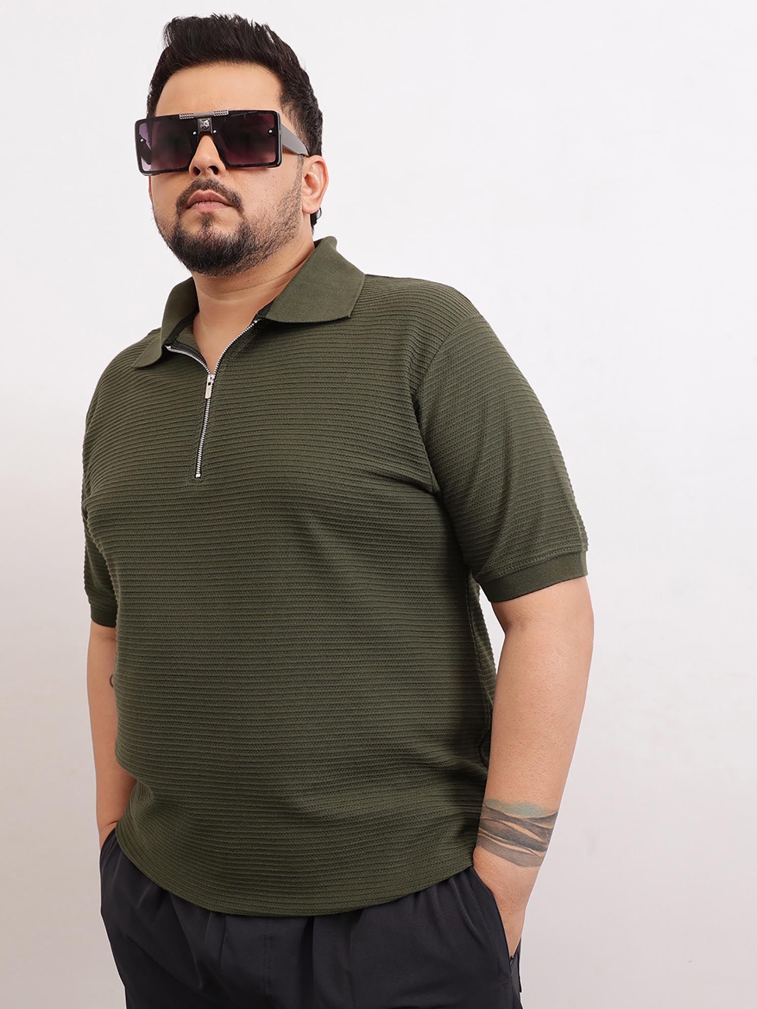 Buy UNSTD Men Plus Size Olive Textured Zipper Polo T-Shirt Online