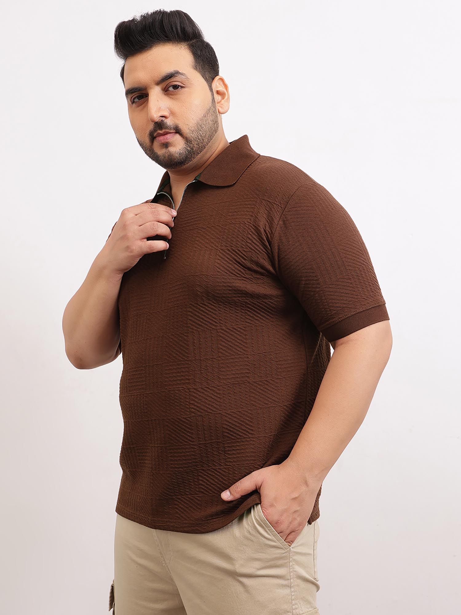 Buy UNSTD Men Plus Size Brown Checked Textured Zipper Polo T-Shirt