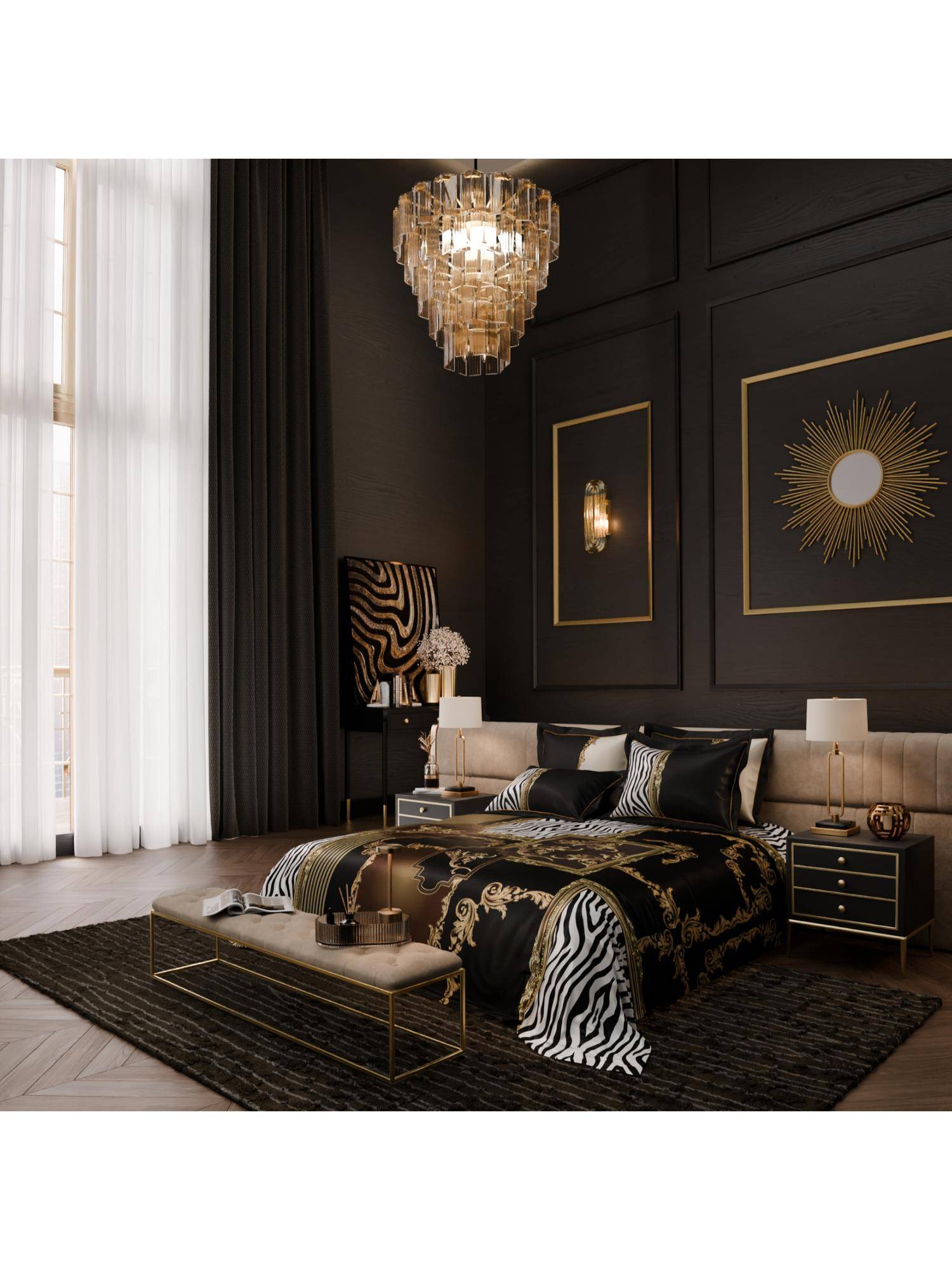 Stoa Paris Barouque Digital Printed Super King Bedsheet With 4 Pillow Cover - Black Gold White