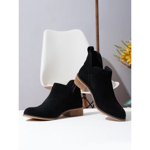 Buy Teakwood Women Black Suede Leather Blocked Heel Chelsea Boots