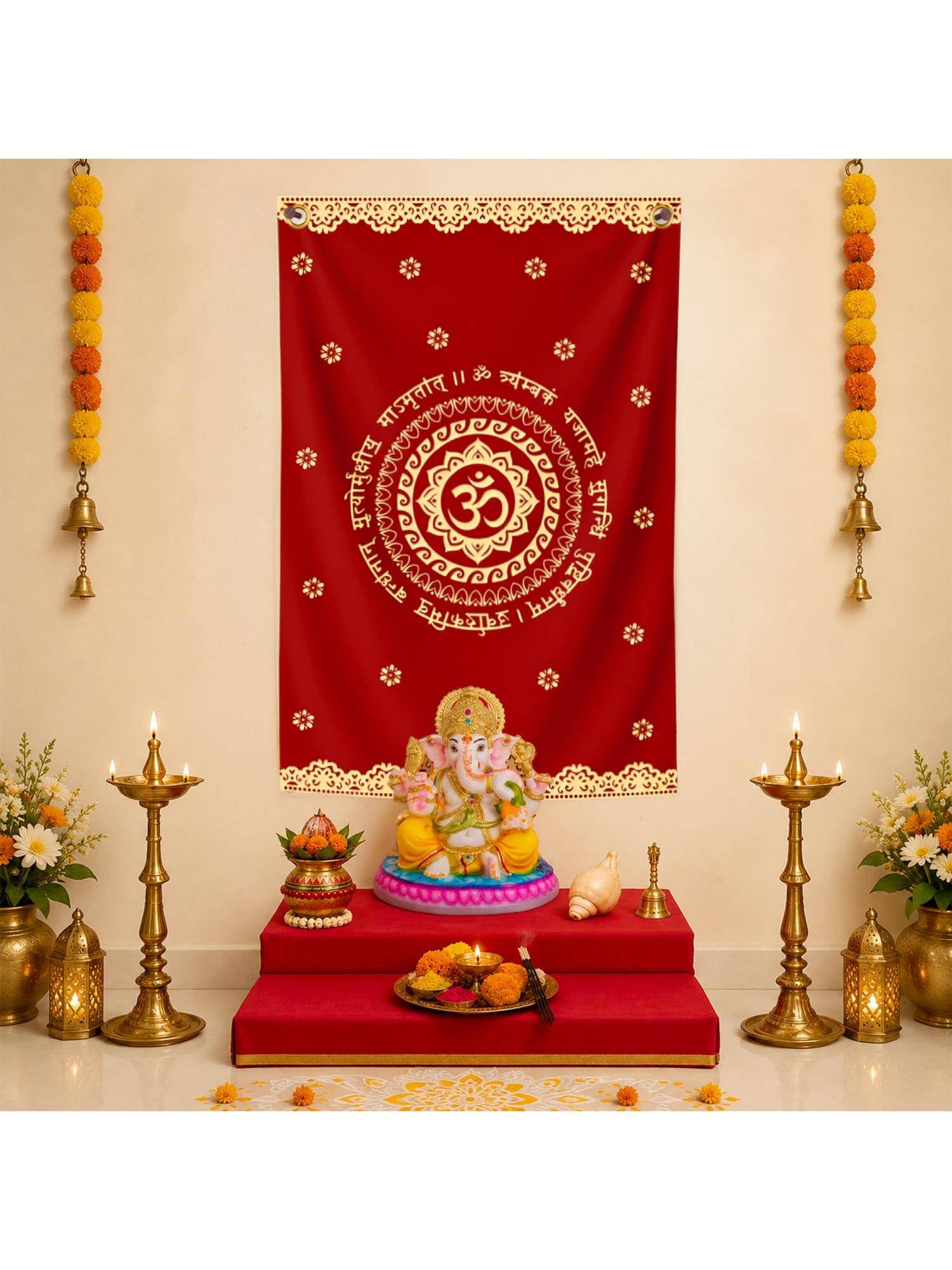 Special You Om Red Fabric Backdrop For Ganesh Chaturthi, Pooja & Temple