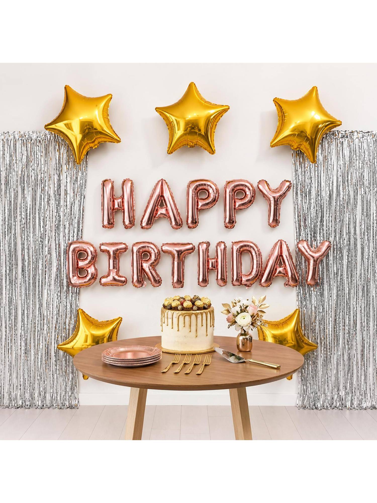 Special You Rose Gold Birthday Kit With Silver Fringe Curtain, Foil Balloon & Gold Star (8 Pcs)