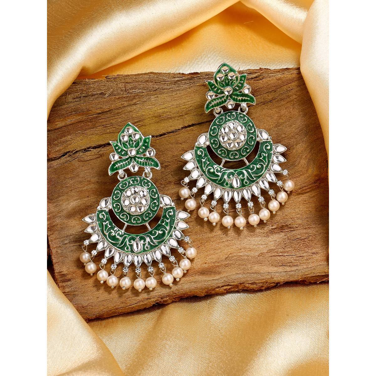 Estele Rhodium Plated Stunning Traditional Green Meenakari Drop Earrings for Women