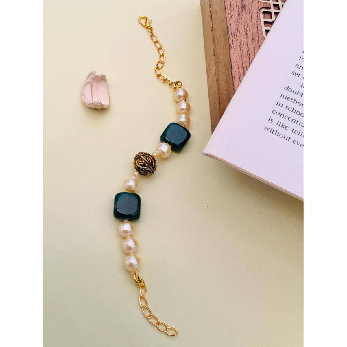 Abdesigns Gold Plated Monalisa Stones and Beads-Studded Statement Bracelet
