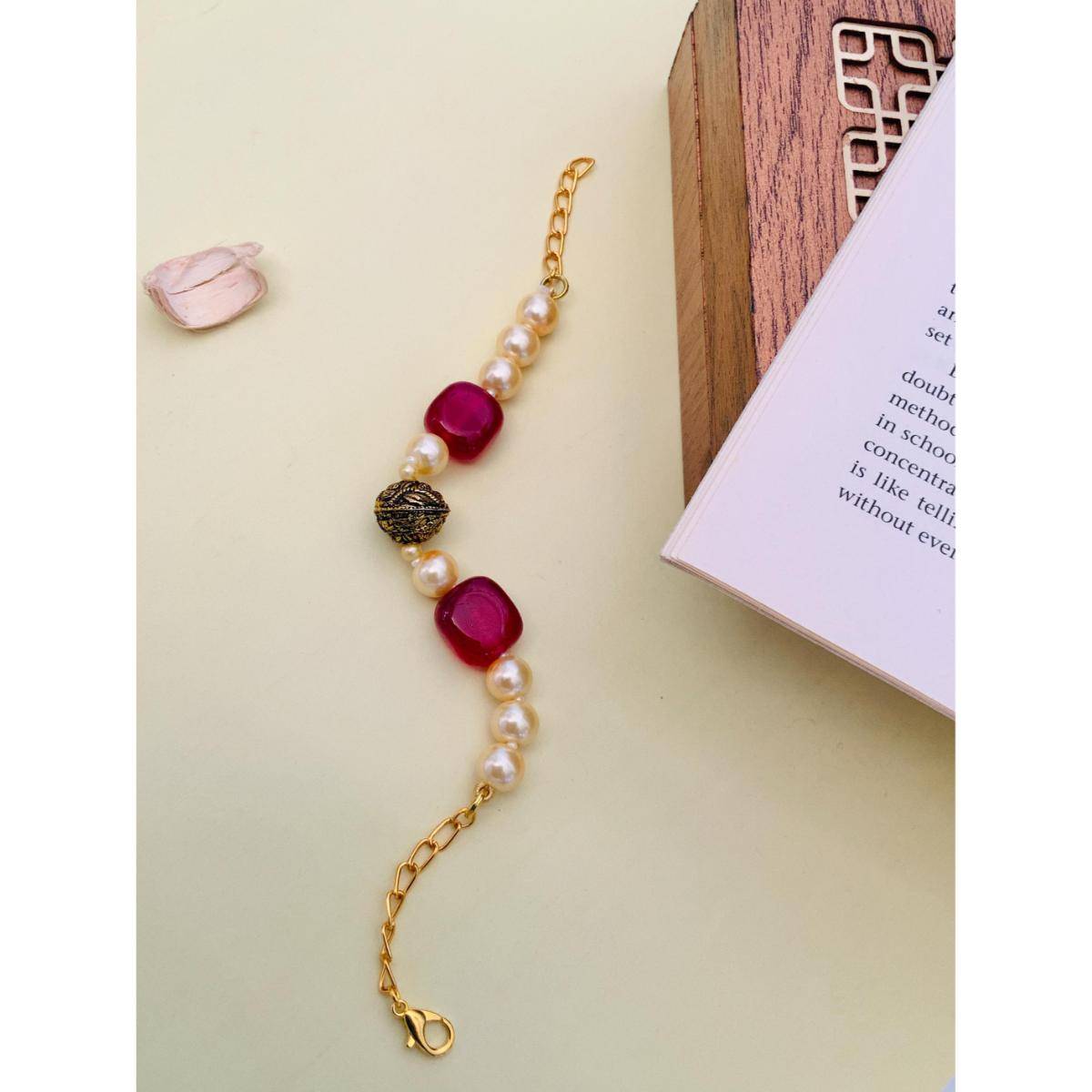Abdesigns Gold Plated Monalisa Stones and Beads-Studded Statement Bracelet