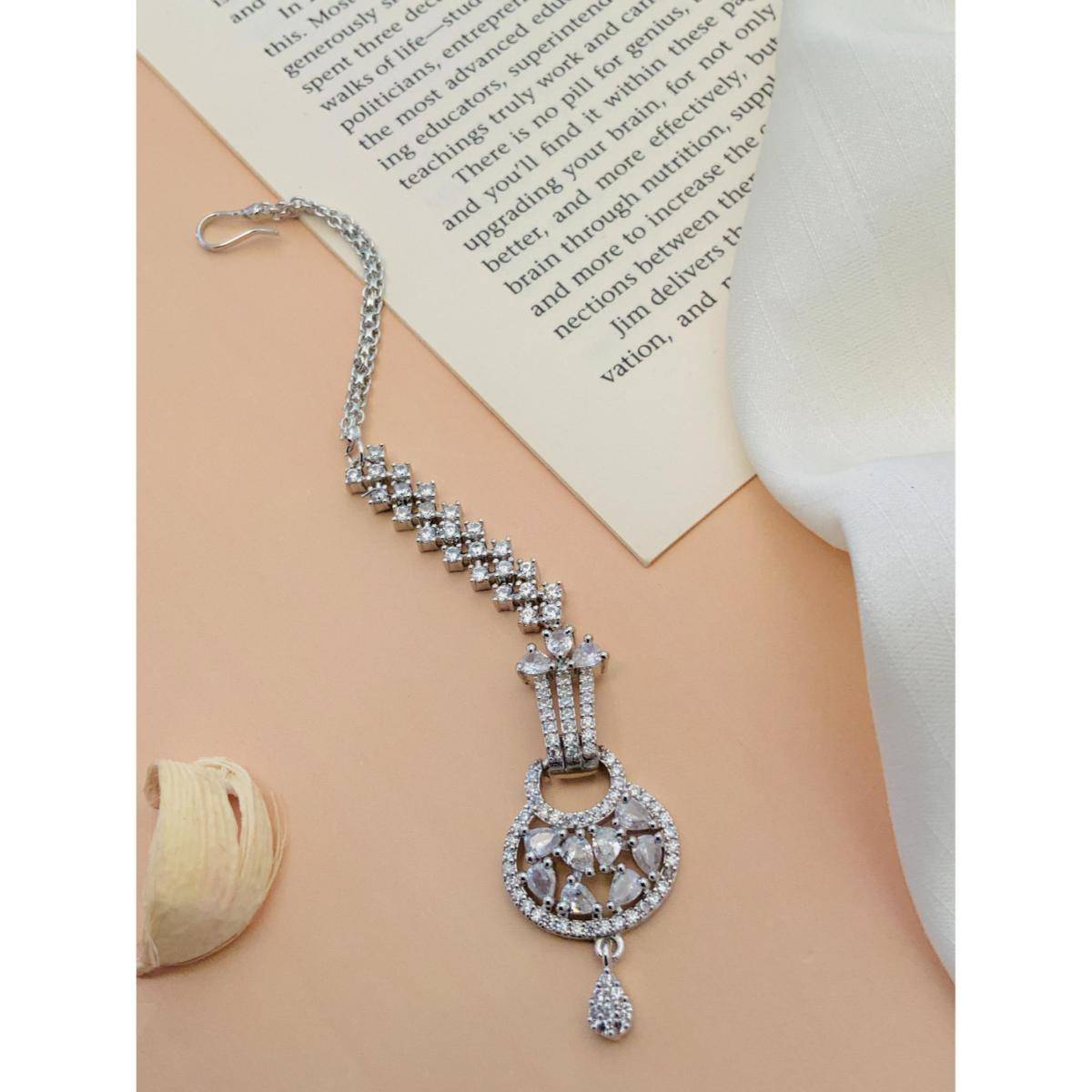 Abdesigns Charming High Quality Silver Plated American Diamond Maang Tikka