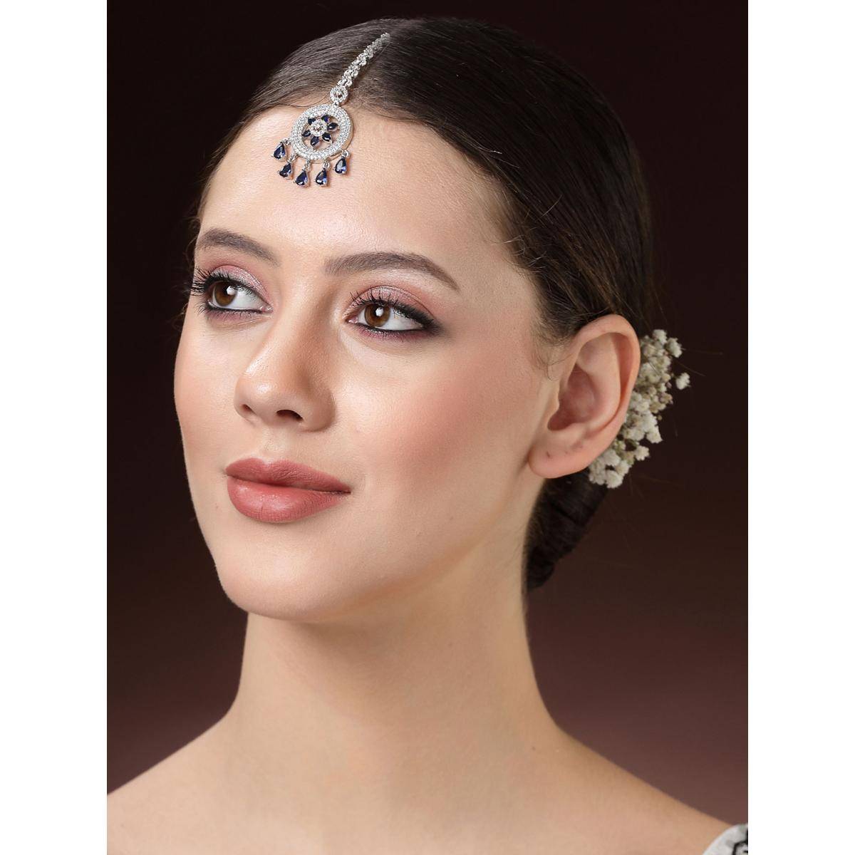 ZENEME Elegant Silver Plated Beautiful American Diamond and Cz Crystal Maang Tikka