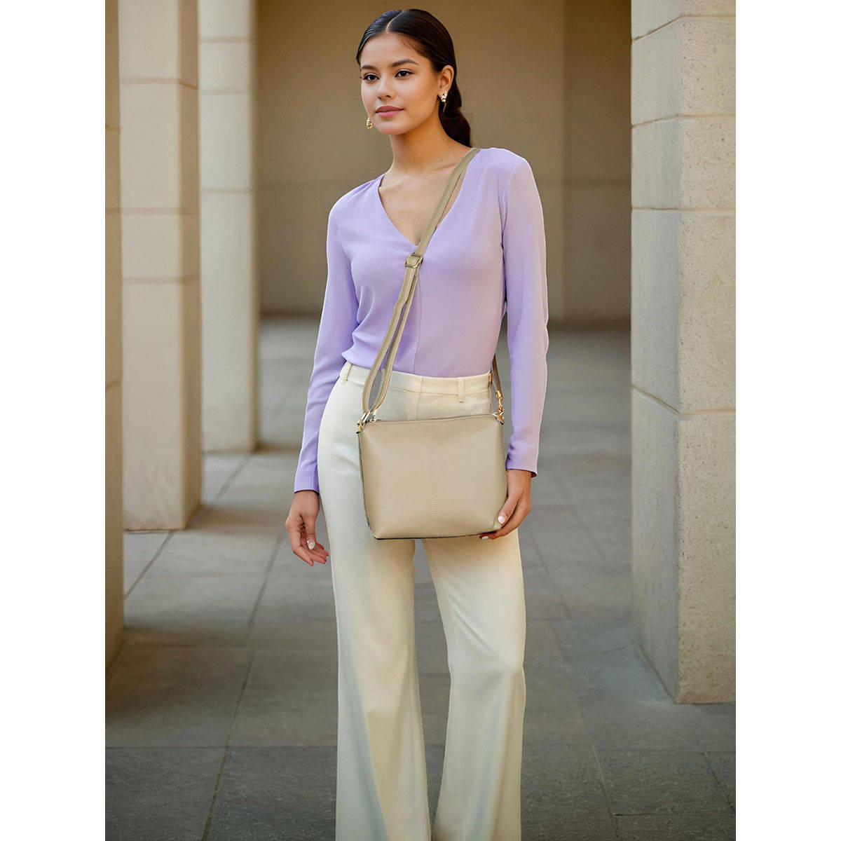 Toteteca Beige Solid Simple Sling Bag
